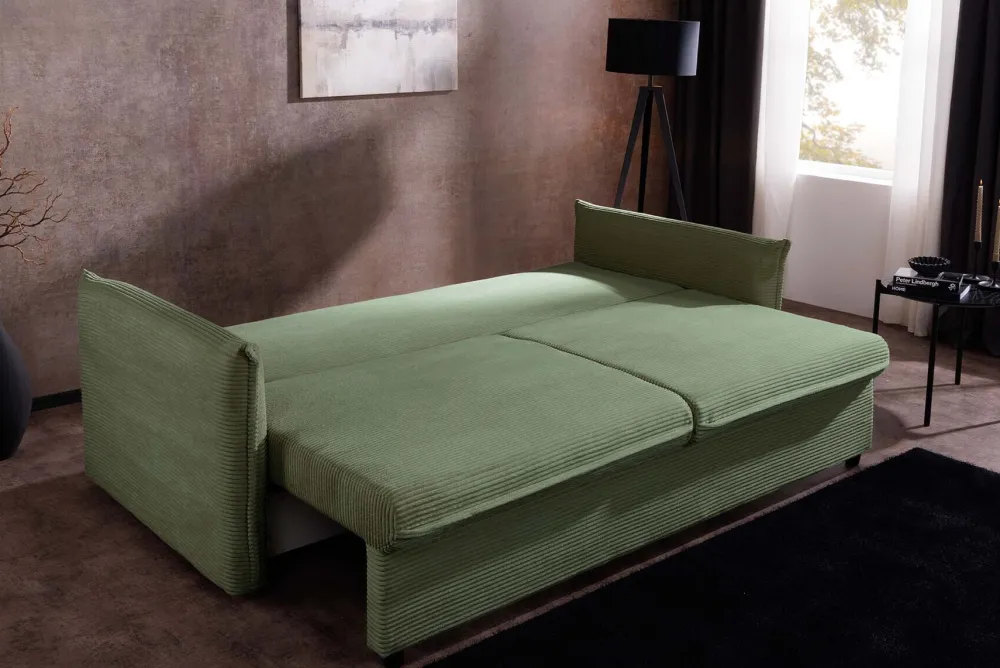 Riess-Ambiente Retro Möbel|3-Sitzer Sofa > XXL Sofa mit Schlaffunktion APARTMENT grün Cord inkl. Bettkasten und Kissen