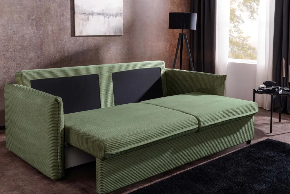 Riess-Ambiente Retro Möbel|3-Sitzer Sofa > XXL Sofa mit Schlaffunktion APARTMENT grün Cord inkl. Bettkasten und Kissen