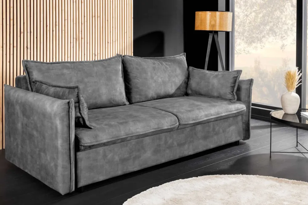Riess-Ambiente Samt Möbel|Retro Möbel > XXL Sofa mit Schlaffunktion APARTMENT grau Samt inkl. Bettkasten und Kissen