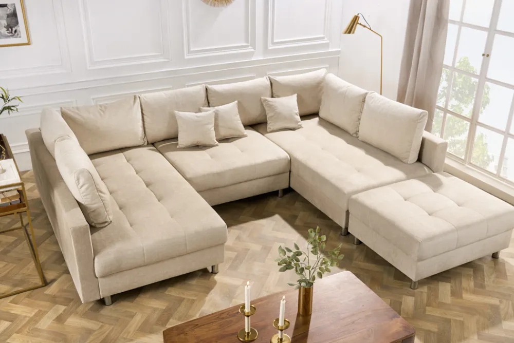 Riess-Ambiente Skandinavisch|Xxl Sofa > XXL Wohnlandschaft KENT 305cm champagner beige Vogue Velours Samt Federkern mit Hocker
