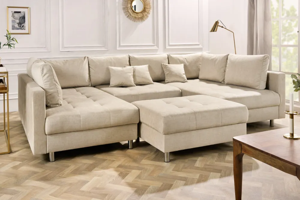 Riess-Ambiente Skandinavisch|Xxl Sofa > XXL Wohnlandschaft KENT 305cm champagner beige Vogue Velours Samt Federkern mit Hocker