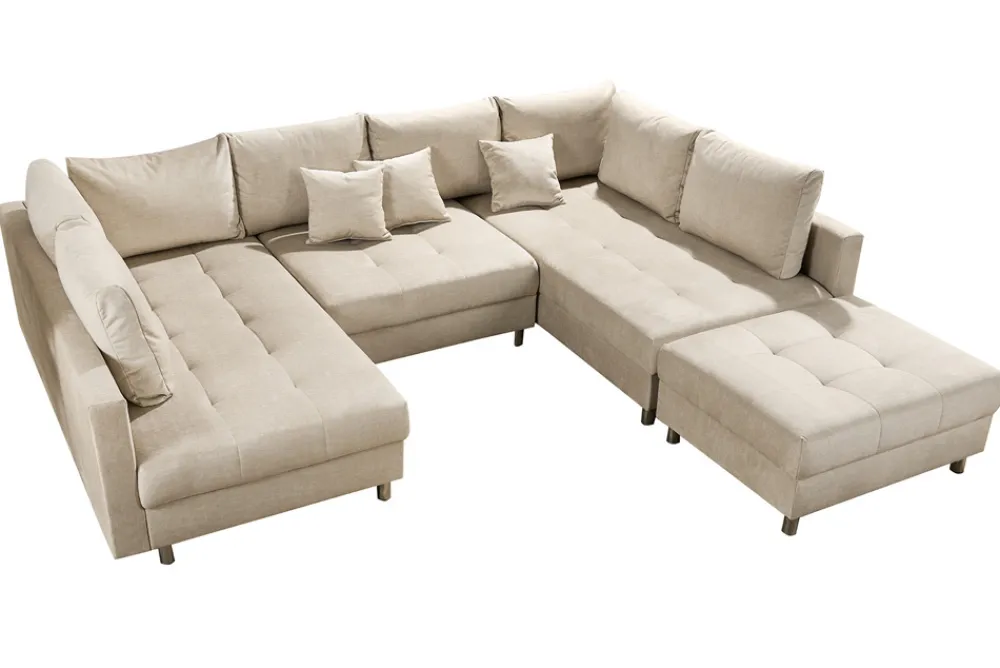 Riess-Ambiente Skandinavisch|Xxl Sofa > XXL Wohnlandschaft KENT 305cm champagner beige Vogue Velours Samt Federkern mit Hocker
