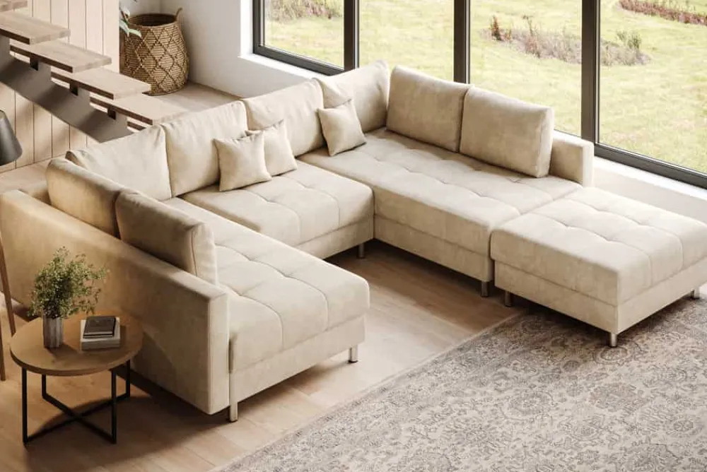 Riess-Ambiente Skandinavisch|Xxl Sofa > XXL Wohnlandschaft KENT 305cm champagner beige Vogue Velours Samt Federkern mit Hocker
