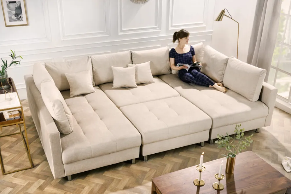 Riess-Ambiente Skandinavisch|Xxl Sofa > XXL Wohnlandschaft KENT 305cm champagner beige Vogue Velours Samt Federkern mit Hocker
