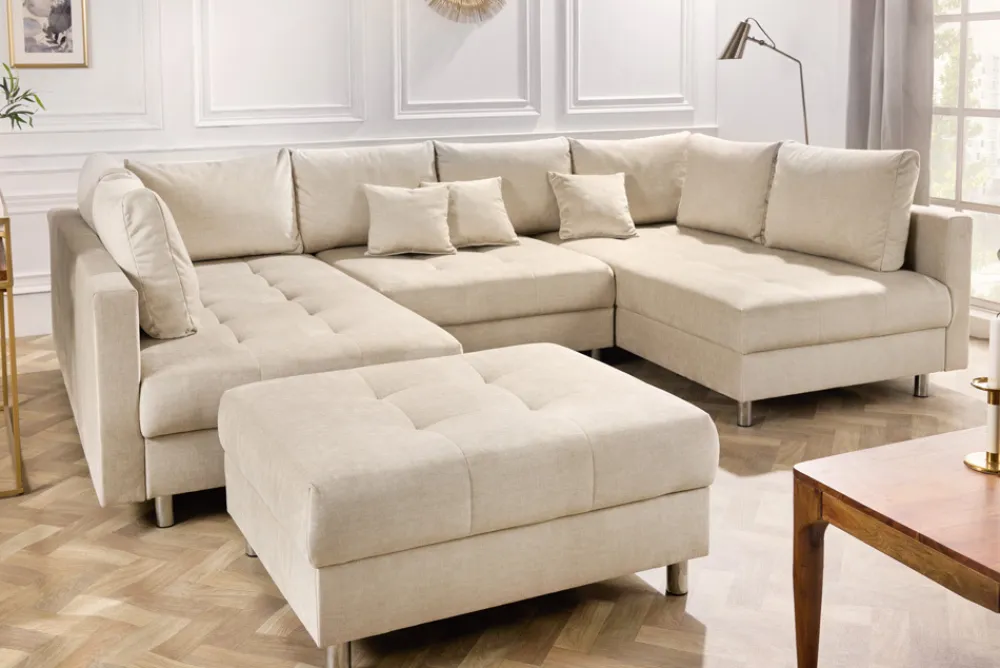 Riess-Ambiente Skandinavisch|Xxl Sofa > XXL Wohnlandschaft KENT 305cm champagner beige Vogue Velours Samt Federkern mit Hocker
