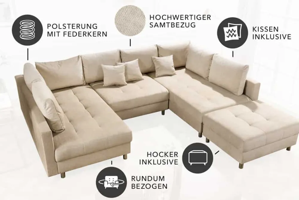 Riess-Ambiente Skandinavisch|Xxl Sofa > XXL Wohnlandschaft KENT 305cm champagner beige Vogue Velours Samt Federkern mit Hocker