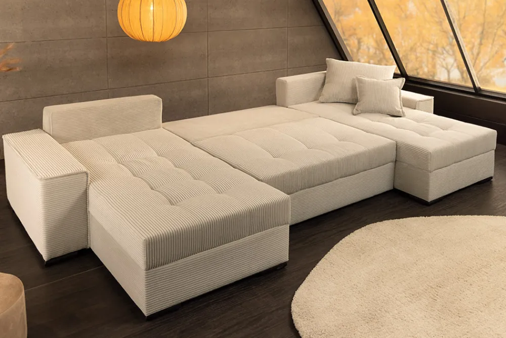 Riess-Ambiente Xxl Sofa > XXL Wohnlandschaft LODGE 315cm champagner beige Cord Sofa mit Schlaffunktion