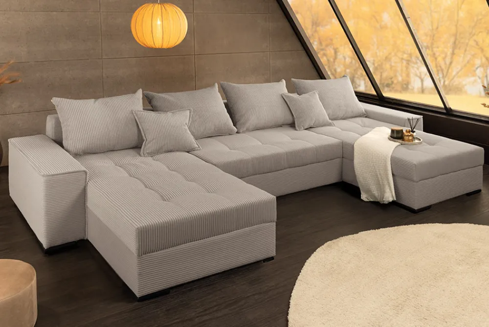 Riess-Ambiente Xxl Sofa > XXL Wohnlandschaft LODGE 315cm greige Cord Sofa mit Schlaffunktion und Stauraum