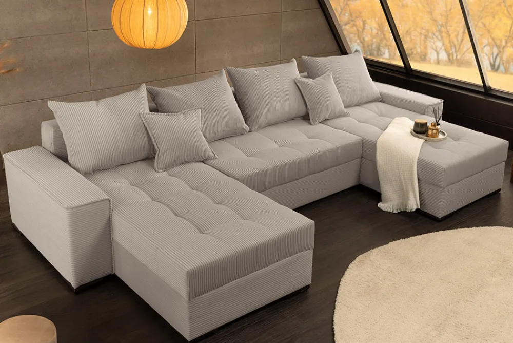 Riess-Ambiente Xxl Sofa > XXL Wohnlandschaft LODGE 315cm greige Cord Sofa mit Schlaffunktion und Stauraum
