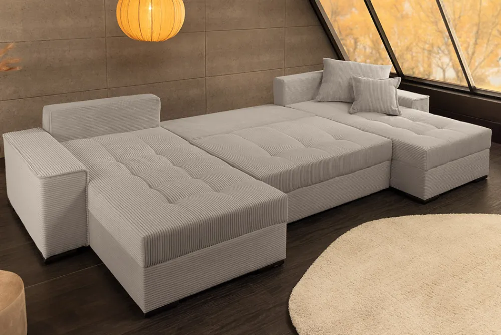 Riess-Ambiente Xxl Sofa > XXL Wohnlandschaft LODGE 315cm greige Cord Sofa mit Schlaffunktion und Stauraum