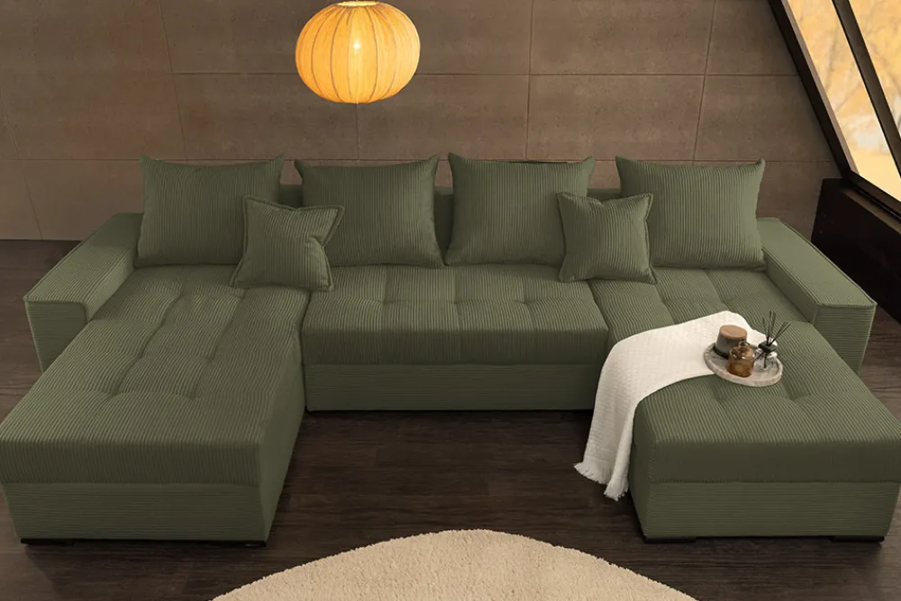 Riess-Ambiente Xxl Sofa > XXL Wohnlandschaft LODGE 315cm grün Cord Sofa mit Schlaffunktion und Stauraum